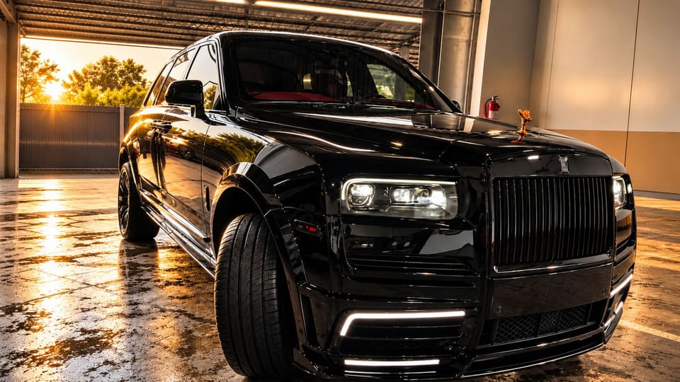 A black Rolls-Royce Cullinan with a glossy finish under a covered bay at sunset.