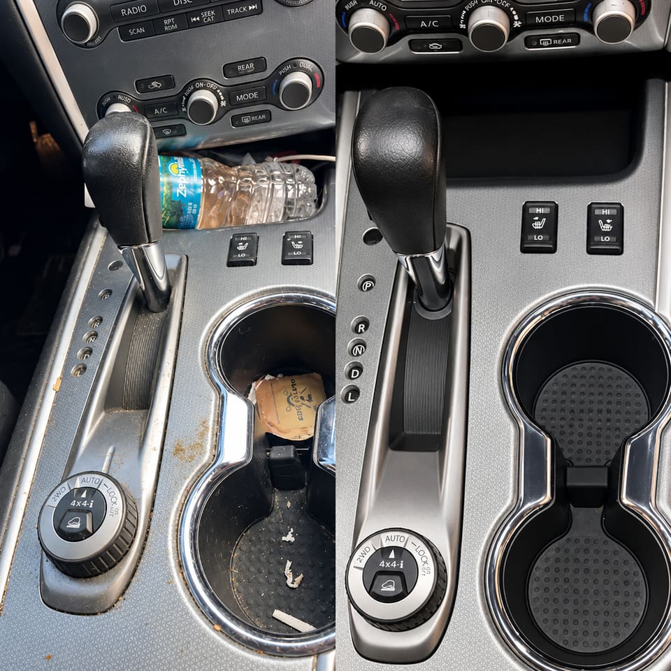 Side-by-side comparison of a vehicle centre console: on the left, a used water bottle, wrappers and dust; on the right, the same console clean and uncluttered.