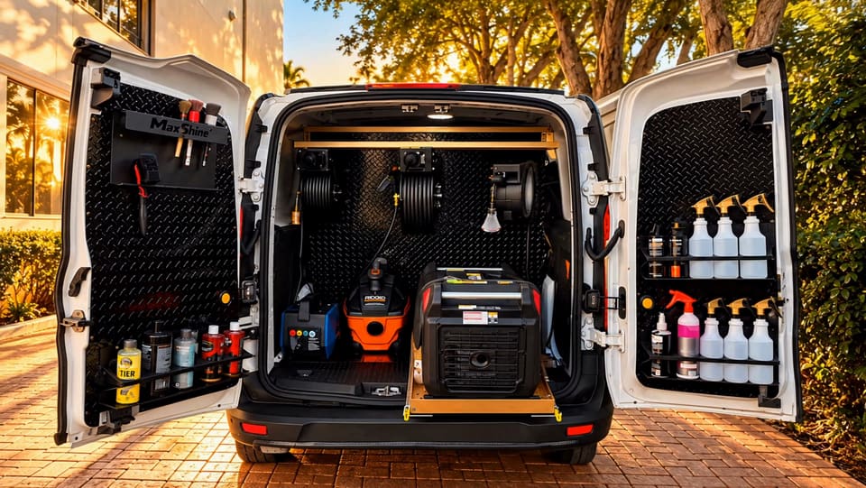 The van’s rear doors open, showing shelves of spray bottles, hose reels and equipment mounted inside.