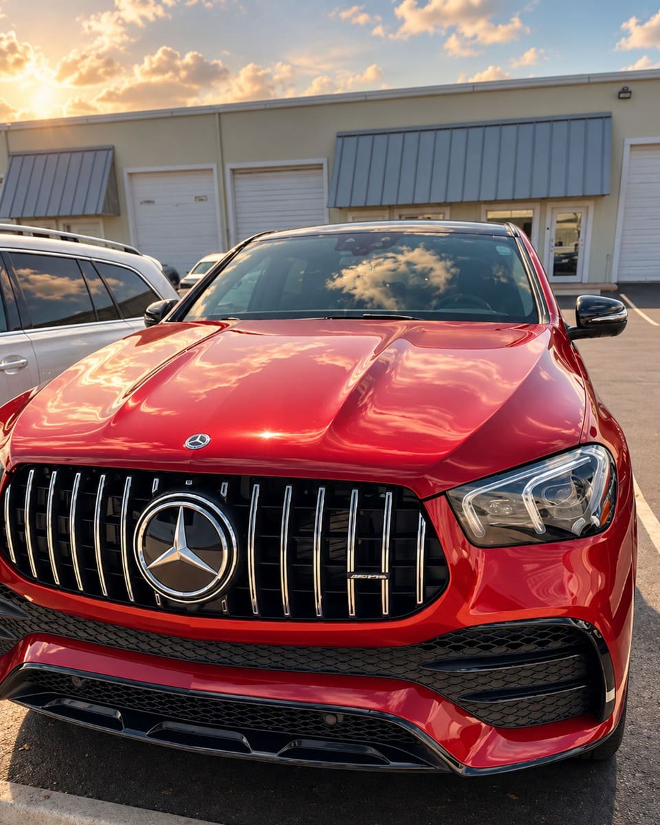 The glossy red hood and grille of a Mercedes-AMG GLE Coupé reflecting the evening sky.