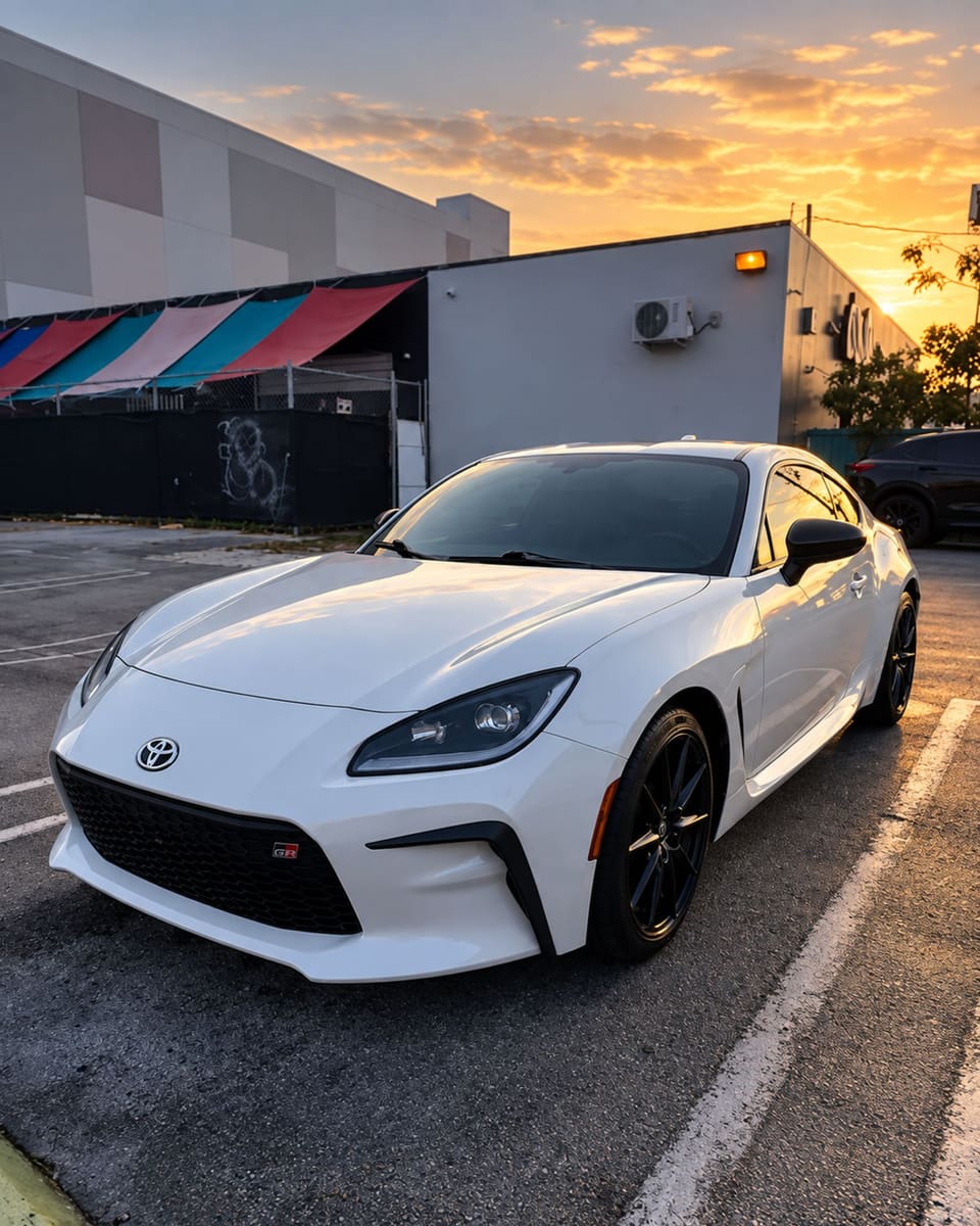 A white Toyota GR86 with black wheels in a parking lot at sunset.