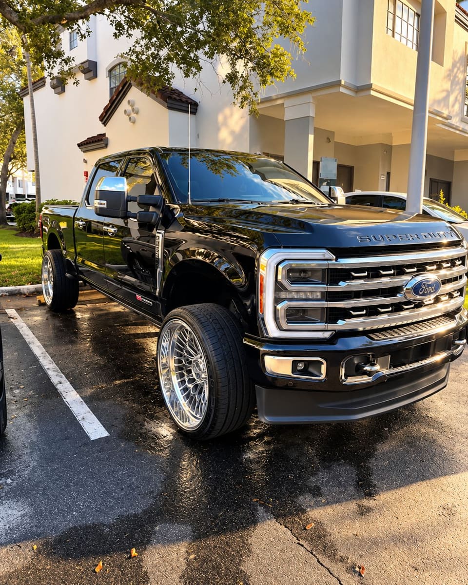 A black Ford Super Duty pickup with chrome wire wheels, freshly washed in a parking lot.
