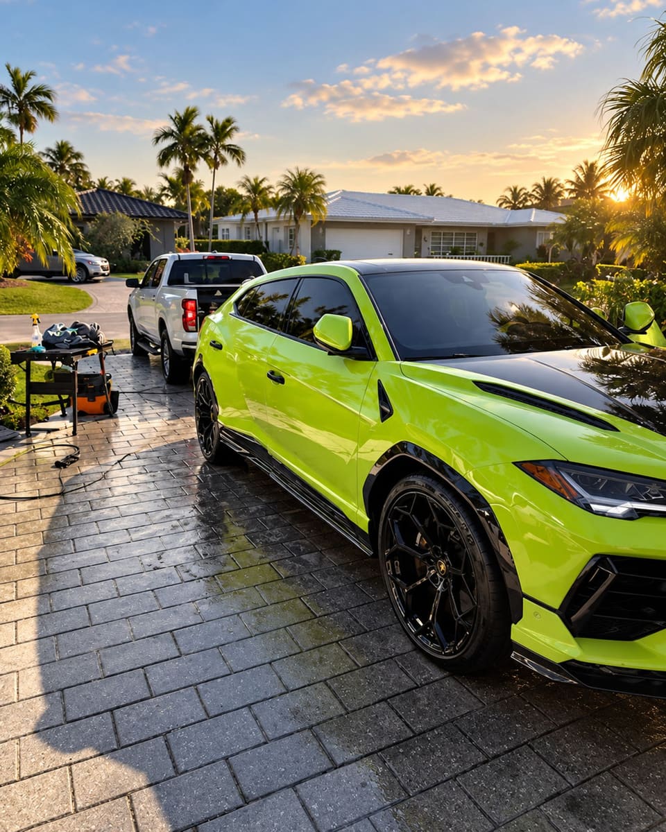 A lime-green Lamborghini Urus on a wet paver driveway, with a detailing cart and pressure washer set up alongside.